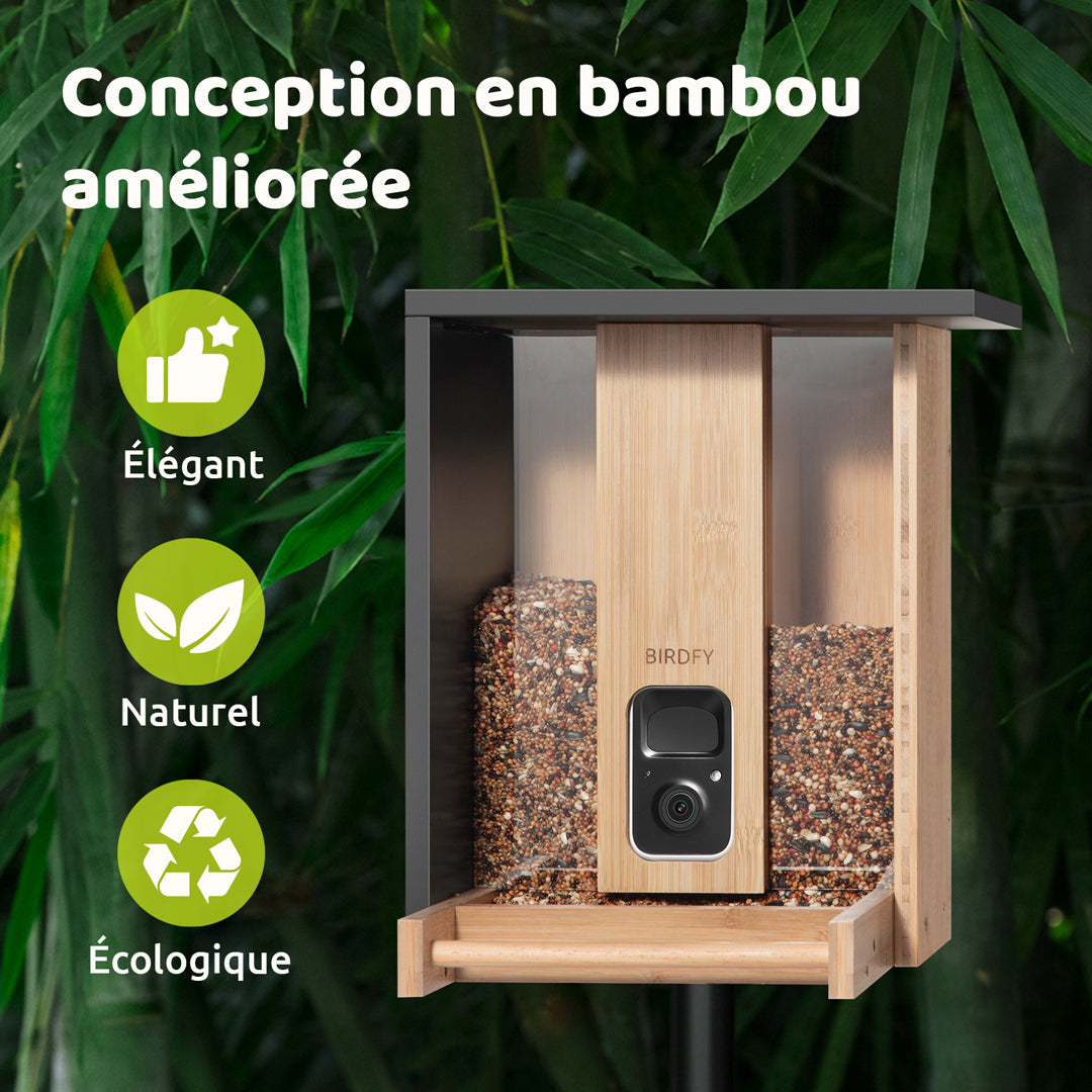 Birdfy Mangeoire à Oiseaux en Bambou avec Caméra et Panneau Solaire